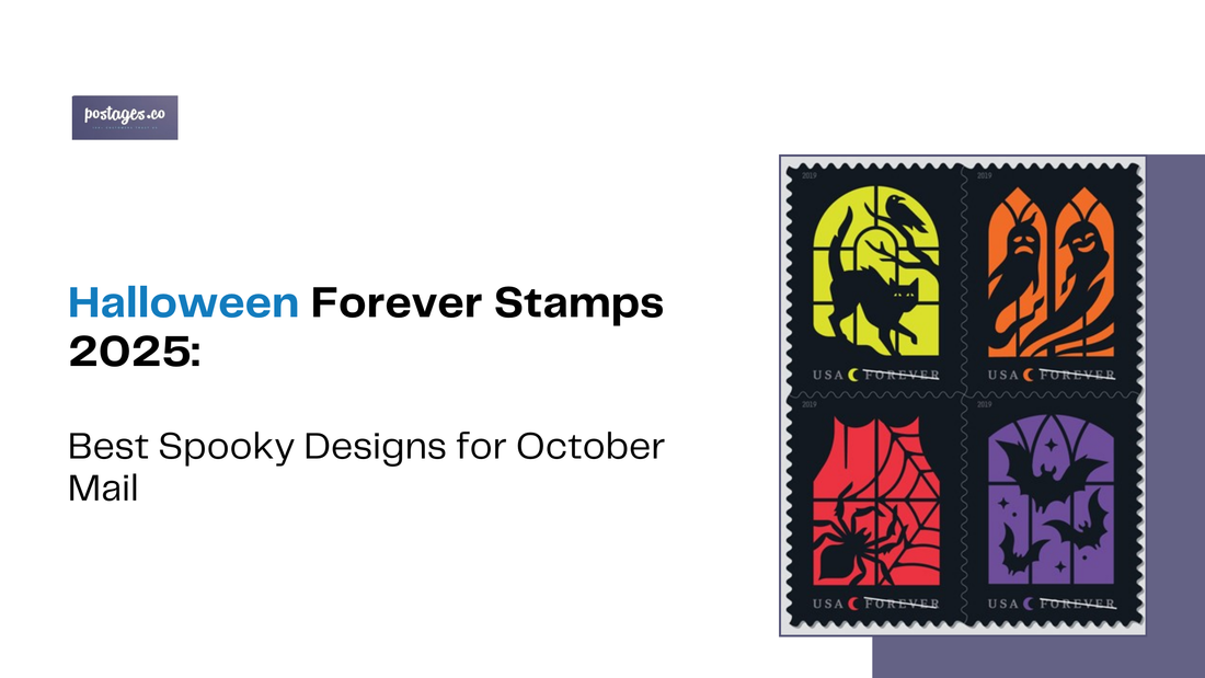 Cover for a blog about 2025 Halloween forever stamps featuring spooky designs like pumpkins, ghosts, and bats in vibrant colors.