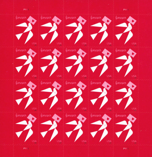 Sheet of 20 US Love series Forever stamps on red background featuring white and pink origami crane designs, arranged in a 4x5 grid with "forever" and "USA" text on each stamp.