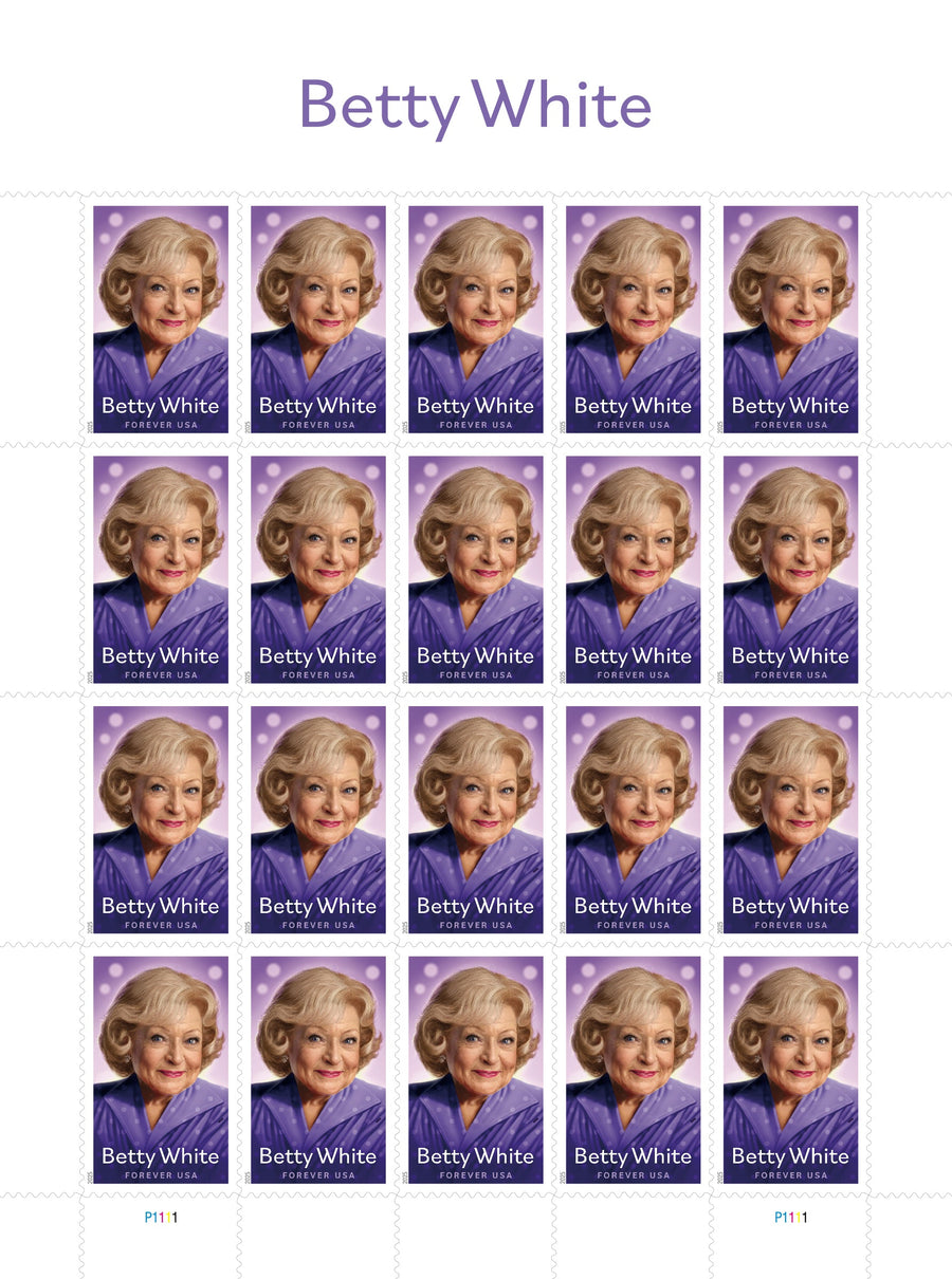 Betty White Forever stamp sheet with 20 identical stamps featuring the actress in a purple outfit, labeled "Betty White FOREVER USA" with perforated edges.