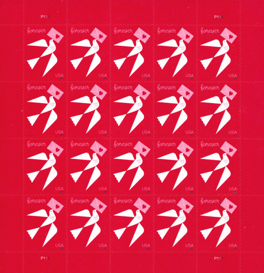Sheet of 20 US Love series Forever stamps on red background featuring white and pink origami crane designs, arranged in a 4x5 grid with "forever" and "USA" text on each stamp.