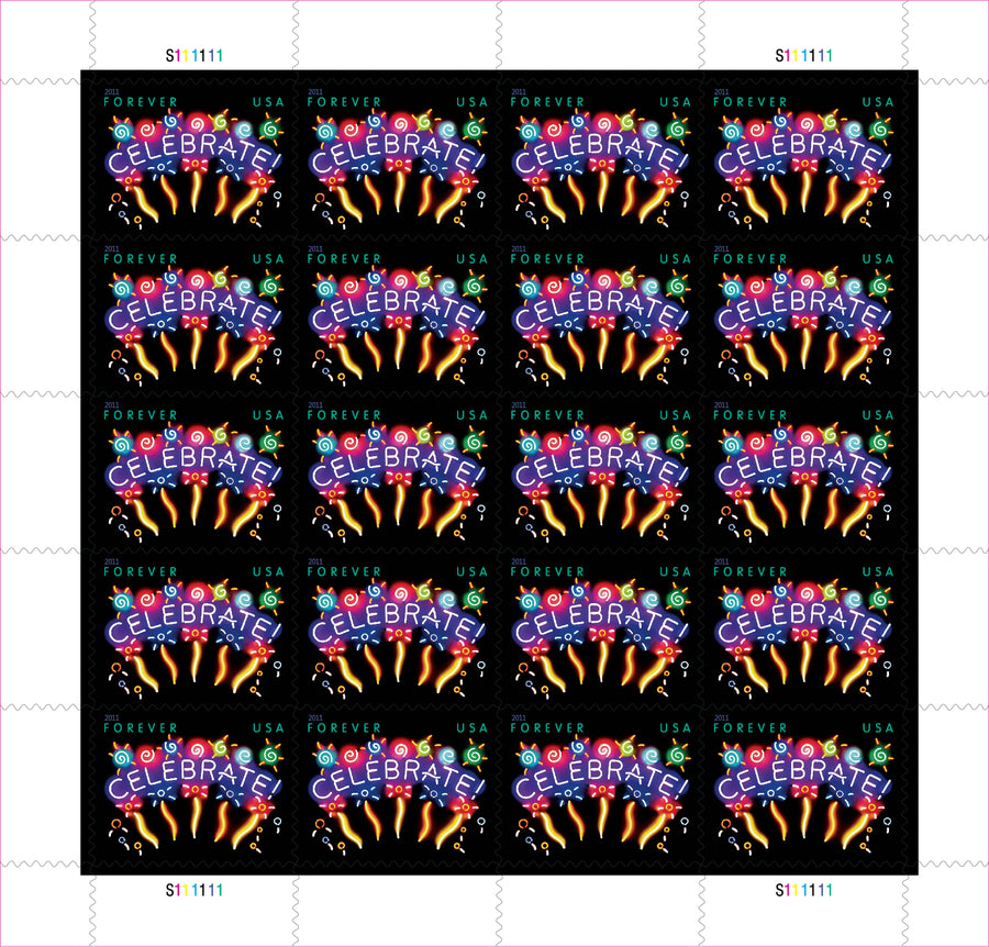 Sheet of 20 "CELEBRATE!" 2011 Forever USA stamps featuring colorful fireworks display with golden bursts and multicolored decorative elements on black background